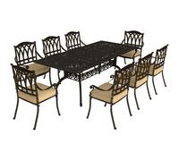 Outsunny 9 Pieces Cast Aluminium Garden Dining Set, 8 Seater Garden Table and Chairs with Parasol Hole, Outdoor Garden Furniture Set with Cushions for Patio, Bronze Tone Bronze