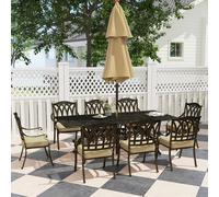 Outsunny 9 Pieces Cast Aluminium Garden Dining Set with Parasol Hole, Bronze, Brown