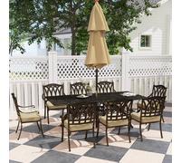 Outsunny 9 Pieces Cast Aluminium Garden Dining Set, 8 Seater Garden Table and Chairs with Parasol Hole, Outdoor Garden Furniture Set with Cushions for Patio, Bronze Tone Bronze