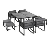 Outsunny 9 Pieces Garden Dining Set with Cushion, 8 Seater Cube Set, Grey | Garden Table and Chairs, Glass Top Dining Table, 4 Chairs, 4 Footstools