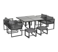 Outsunny 9 Pieces Garden Dining Set with Cushion, 8 Seater Garden Table and Chairs Cube Set with Glass Top Dining Table, 4 Chairs and 4 Footstools, Grey Grey