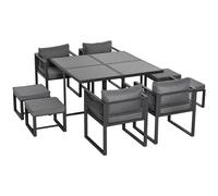 Outsunny 9 Pieces Garden Dining Set with Cushion, 8 Seater Garden Table and Chairs Cube Set with Glass Top Dining Table, 4 Chairs and 4 Footstools, Grey