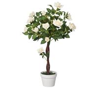Outsunny 90cm/3FT Artificial Rose Tree, Fake Decorative Plant with Pot, UV-Resistant Faux Tree for Outdoor Indoor Home Office Decor, White