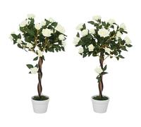 Outsunny 90cm Artificial Rose Tree with Twisted Trunk Set of 2 White | Decorative Fake Plant, 350 Silk Leaves, 21 Flowers, UV-Resistant Faux Tree, Outdoor Indoor Garden Porch Decor