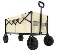 Outsunny 95L Foldable Festival Trolley on Wheels, Collapsible Wagon Cart with Adjustable Handle and 2 Cup Holders, Khaki