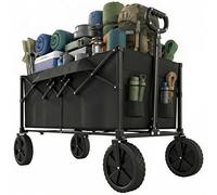 Outsunny 95L Foldable Festival Trolley on Wheels, Collapsible Wagon Cart with Adjustable Handle and 2 Cup Holders, Portable Camping Cart for Garden Picnic, Outdoor Fishing, Black