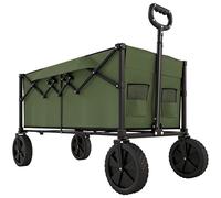 Outsunny 95L Foldable Festival Trolley on Wheels, Collapsible Wagon Cart with Adjustable Handle and 2 Cup Holders, Dark Green