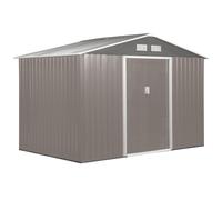 Outsunny 9x6 garden shed metal garden tool shed with ventilation roofed outdoor storage foundation doors light grey Aosom UK