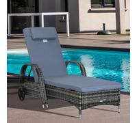 Outsunny Rattan Sun Lounger, Garden Lounger Recliner with Wheels and Adjustable Backrest, Outdoor Reclining Sunbed Garden Chair with Cushion and Headrest for Patio, Beach, Terrace, Grey
