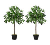 Outsunny Set Of 2 90cm/3FT Artificial Bay Laurel Topiary Trees w/Pot Fake Indoor Outdoor Greenery Plant Home Office Garden Decor Green