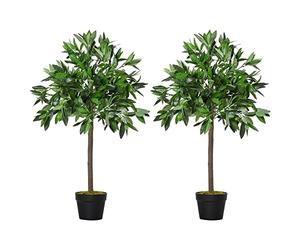 Outsunny Artificial Bay Laurel Topiary Trees Realistic 3FT Set of 2 Green | Twisted Trunk, Lush Topiary Ball Tree, Weighted Pot, Indoor Greenery Plant, Home Office Garden Decor