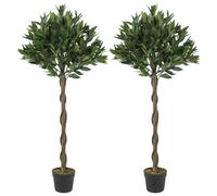 Outsunny Artificial Bay Laurel Topiary Trees with Twisted Trunk, Realistic Lush Topiary Ball Tree with Weighted Pot, Set of 2