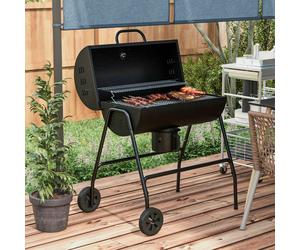Outsunny Barrel Charcoal Barbecue BBQ Grill Trolley W/ Ash Catcher Thermometer - Black - Steel - 95L x 71.5W x 102Hcm