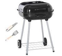 Outsunny BBQ Charcoal Smoker Grill Trolley with 2 Wheels and Grilling Utensils, Black