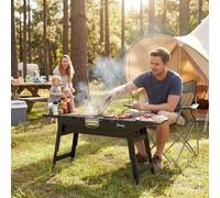 Outsunny BBQ Grill, Charcoal Barbecue with 2 Side Shelves and Handle, Black, Black