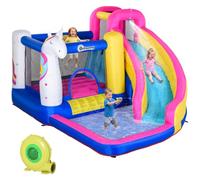 342-027V70MX Outsunny Bouncy Castle for Children, 5 in 1 Inflatable Bounce House Unicorn Design with Blower, Slide, Climbing Wall, Basketball Hoop, for Ages 3-8 Years