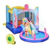 Outsunny Bouncy Castle With Slide Water Pool Trampoline With Blower In Blue Blue