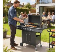 Outsunny 4+1 Burner Gas BBQ Grill with Storage Cabinet, 15.2 kW, Black