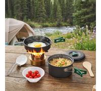 Outsunny Camping Cookware Set, 8-Piece Ultralight Camping Cooking Kit with Anti-Scald Handles, Rapid Heating Pots and Pans for 2 People, Backpacking and Hiking, Grey