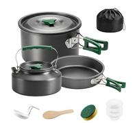 Outsunny Camping Cookware Set for 2-3 People, Ultralight Aluminium Camping Cooking Kit with Anti-Scald Handles, Compact Pots and Pans with Kettle for Backpacking and Hiking, Grey