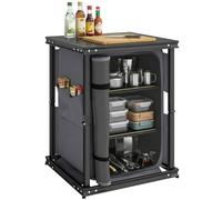 Outsunny Camping Cupboards Folding Portable Camping Kitchen Table Black | 3-Tier Storage, Side Pockets, Adjustable Legs, Kitchen Unit, Picnic, BBQ, Outdoor Activities