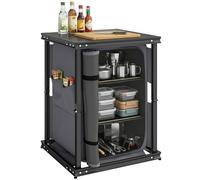 Outsunny Camping Cupboards, Folding Portable Camping Kitchen Table with 3-Tier Storage, Side Pockets and Adjustable Legs, Kitchen Unit for Picnic, BBQ, Outdoor Activities, Black