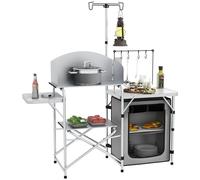 Outsunny Camping Kitchen with Storage Cupboard, Folding Camping Table, Aluminium Portable Picnic Table with Windshield, Light Stand, Carrying Bag for BBQ, Silver Silver
