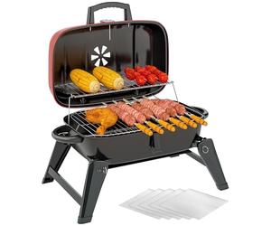 Outsunny Charcoal Barbecue Grill Folding BBQ Grill with 1232 cm² Cooking Area, Adjustable Vent, Thermometer, Handles for Camping Picnic, Red