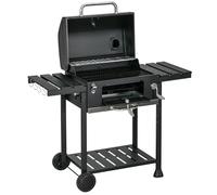 Outsunny Charcoal Barbecue Grill Trolley with Adjustable Charcoal Pan, Galvanised Steel Smoker BBQ Grill with Storage Shelves, Themometer, Lid, Wheels and Bottle Opener, Black