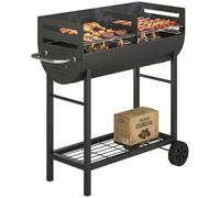 Outsunny Charcoal Barbecue Grill with 2 Cooking Areas, Portable BBQ Trolley | Wheels, Height Adjustable Grates, Side Handle, Bottom Shelf, Metal Outdoor Cooker, Garden, Camping, Picnic, Party