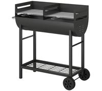 Outsunny Charcoal Barbecue Grill with 2 Cooking Areas, Wheels, Black