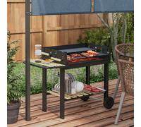 Outsunny Charcoal?BBQ?Grill, Barbecue?Trolley with Double Adjustable Grill, Side Table, Storage Shelf and Wheels for Outdoor Garden Party Cooking, Black Black