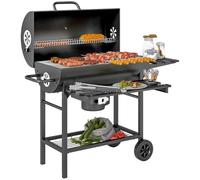 Outsunny Charcoal BBQ Grill Portable Barbecue Smoker w/Warming Rack, Black | Foldable Front Side Shelf, Bottom Shelf, Lid, Temperature Gauge, Wheels, Outdoor Garden Cooking Party