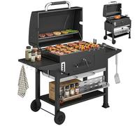 Outsunny Charcoal BBQ Grill Smoker with Electric Rotisserie Kit, Portable Barbecue Grill with Warming Rack, Foldable Side Tables, Spice Rack, Hooks, Thermometer, Wheels for Outdoor Cooking, Black