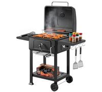 Outsunny Charcoal BBQ Grill with Adjustable Charcoal Pan, Large Barbecue Grill Smoker with Warming Rack, Side Tables, Chimney, Vents, Wheels and Temperature Gauge, Portable for Outdoor Cooking, Black