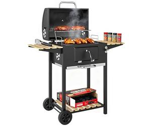 Outsunny Charcoal BBQ Grill with Height Adjustable Charcoal Pan, Warming Rack, 3 Shelves, Barbecue Smoker with Temperature Gauge, Wheels, Bottle Opener for Outdoor Cooking Garden Party