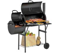 Outsunny Charcoal BBQ Grill with Smokestack, Foldable Side Shelf, Warming Rack, Bottom Shelf, Lid, Temperature Gauge, Wheels for Outdoor Cooking Garden Party, Black