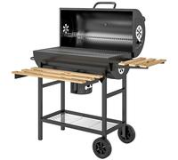 Outsunny Charcoal Grill, Barrel BBQ Smoker with Warming Rack, Charcoal BBQ Grill with Foldable Shelves, Natural Wood and Black