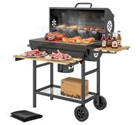 Outsunny Charcoal Grill, Barrel BBQ Smoker with Warming Rack, Movable Charcoal BBQ Grill with Foldable Shelves, Thermometer, Wheels for Outdoor Cooking, Camping Party, Natural Wood and Black
