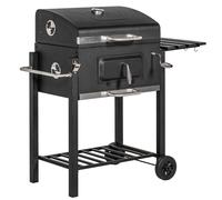 Outsunny Charcoal Grill BBQ Trolley with Adjustable Charcoal Grate, Garden Metal Smoker Barbecue with Shelf, Side Table, Wheels, Built-in Thermometer, Bottle Opener Black