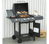 Outsunny 3+1 Burner Gas BBQ Grill, Outdoor Barbecue Trolley with Wheels, Warming Rack, Side Shelves, Cabinet, Thermometer for Garden, Party, Camping, 110L x 50W x 100Hcm, Black