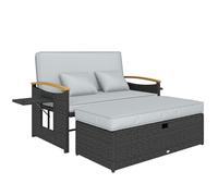Outsunny Double Garden Rattan Daybed, Wicker Sun Bed Chaise Lounger with Storage Ottoman, 4-Level Adjustable Backrest, Dark Grey