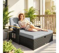 Outsunny Double Garden Rattan Daybed with Storage Ottoman, Dark Grey, Grey