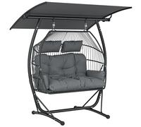 Outsunny Double Hanging Egg Chair with Canopy, PE Rattan Garden Egg Swing Chair with Cushion, Armrests, Indoor Outdoor Hanging Hammock Swing Basket with Headrests, Stand for Patio Balcony, Dark Grey