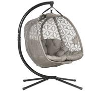 Outsunny Outdoor Double Hanging Chair, Swing Chair with Metal Stand, Thick Padded Cushion, Foldable Basket and Cup Holders, for Indoor and Outdoor, Sand Brown