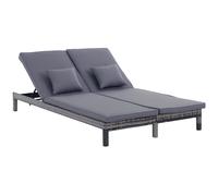 Outsunny Double Rattan Sun Lounger, Garden Daybed with 5-Level Adjustable Backrest, Outdoor Lounge Sunbed with Cushion and Pillows, 2 Seater Wicker Patio Furniture, Grey Grey
