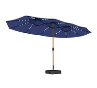 Outsunny Double Sided Garden Parasol with Base Included & 48 Solar LED Lights Patio Umbrella Crank Handle 4.6m Dark Blue