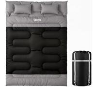 Outsunny Double Sleeping Bag with 2 Pillows, 220 x 160 cm Extra-Large Sleeping Bag for Adults, Detachable into Two Singles or Quilts, for Camping, Hiking, Black and Grey