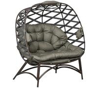 Outsunny Egg Chair Outdoor, 2 Seater Folding Weave Garden Furniture Chair with Cushion, Cup Pockets for Patio Balcony - Sand Brown Brown