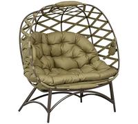 Outsunny Egg Chair Outdoor, 2 Seater Folding Weave Garden Furniture Chair with Cushion, Cup Pockets for Patio Balcony - Khaki